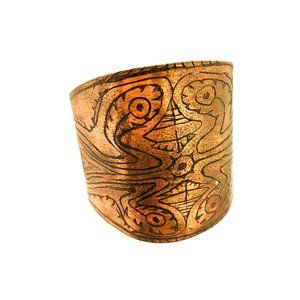Etched Snake Figural Design Copper Cuff Bracelet Handmade Artsy Vintage Costume